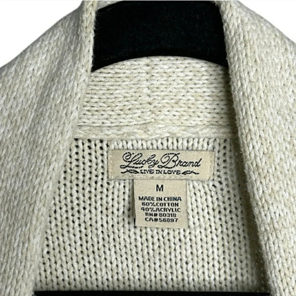 Lucky Brand Ivory Open Front Crochet Trim Cardigan Sweater Medium Boho